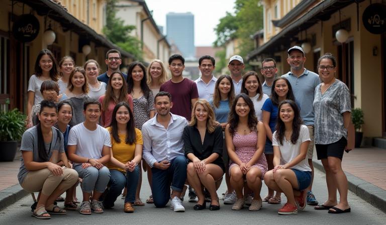 Team photo of Singapore Trails & Tales in a heritage street near office